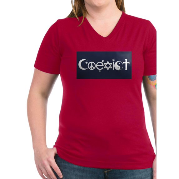 CafePress - Coexist T Shirt - Women's V-Neck Dark T-Shirt