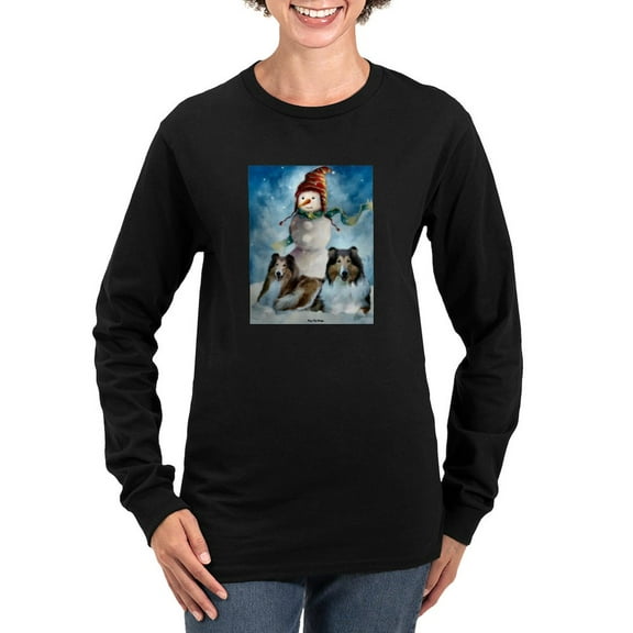 CafePress - Collies Snowman Rectangle (2) Long Sleeve T Shirt - Women's Long Sleeve Graphic Tee Casual Fit