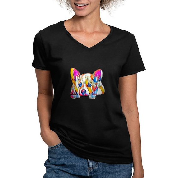 CafePress - Colorful Corgi Puppy T Shirt - Women's V-Neck Dark T-Shirt