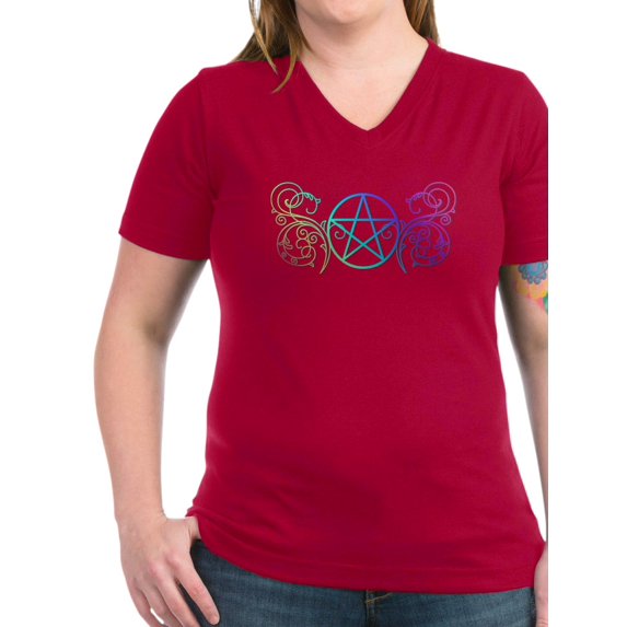 CafePress - Colorful Pentacle Women's V Neck T Shirt - Women's V-Neck Dark T-Shirt