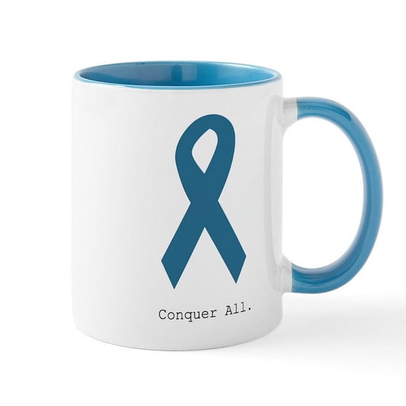 CafePress - Conquer All. Teal Ribbon Mugs - 11 oz Ceramic Mug - Novelty Coffee Tea Cup