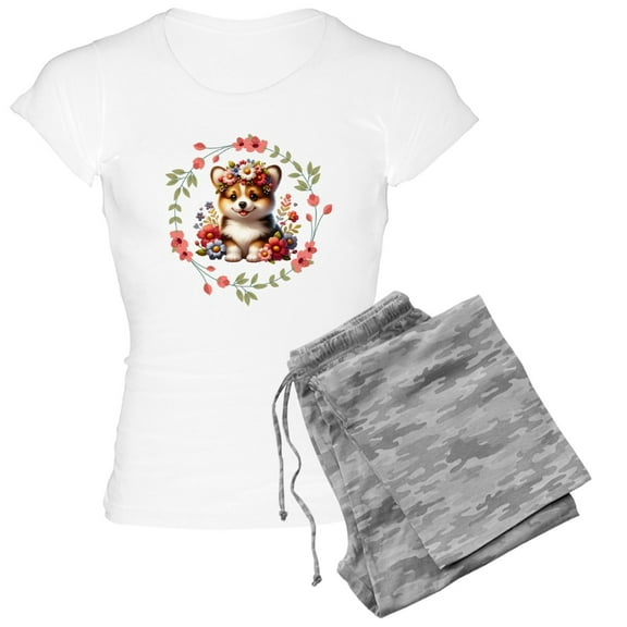 CafePress - Corgi Puppy Wreath Pajamas - Women's Short Sleeve Print T-Shirt and Pants Light Cotton Pajama Set