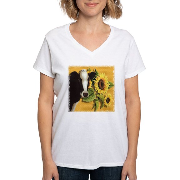CafePress - Cow Sunflower T Shirt - Womens Cotton V-Neck T-shirt