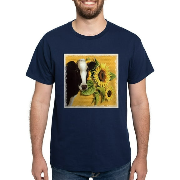CafePress - Cow With Sunflowers Black T Shirt - Men's Classic Graphic Cotton T-Shirt