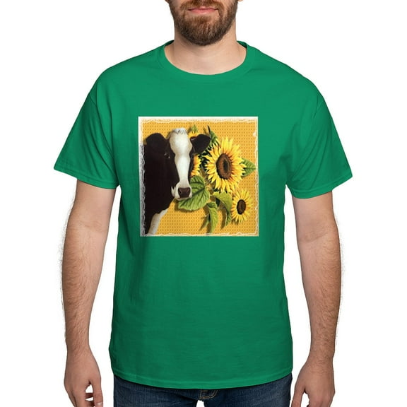 CafePress - Cow With Sunflowers Black T Shirt - Men's Classic Graphic Cotton T-Shirt