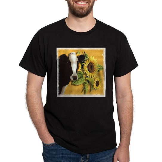 CafePress - Cow With Sunflowers Black T Shirt - Men's Classic Cotton T-Shirts