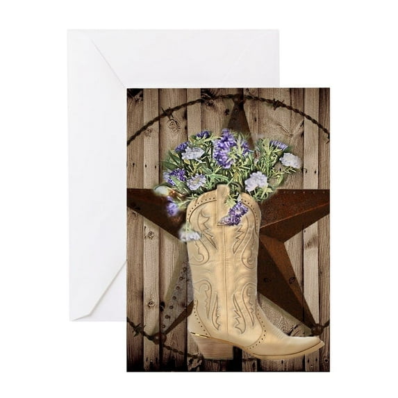 CafePress - Cowboy Boots Western Country Barn Wood Greeting Ca - Greeting Card, Blank Inside Glossy