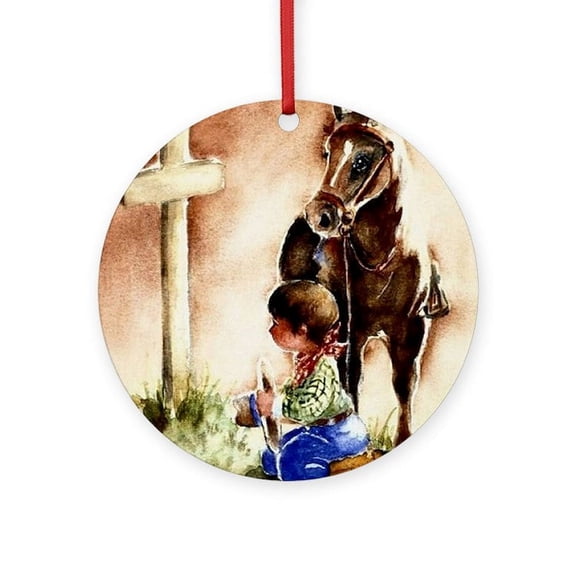 CafePress - Cowboy Praying - Round Wood Ornament 4"
