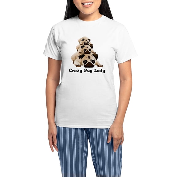 CafePress - Crazy Pug Lady Women's Light Pajamas - Women's Short Sleeve Print T-Shirt and Pants Light Cotton Pajama Set