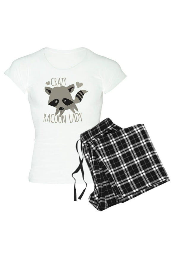- Crazy Racoon Lady Pajamas - Women's Short Sleeve Print T-Shirt and Pants Light Cotton Pajama Set