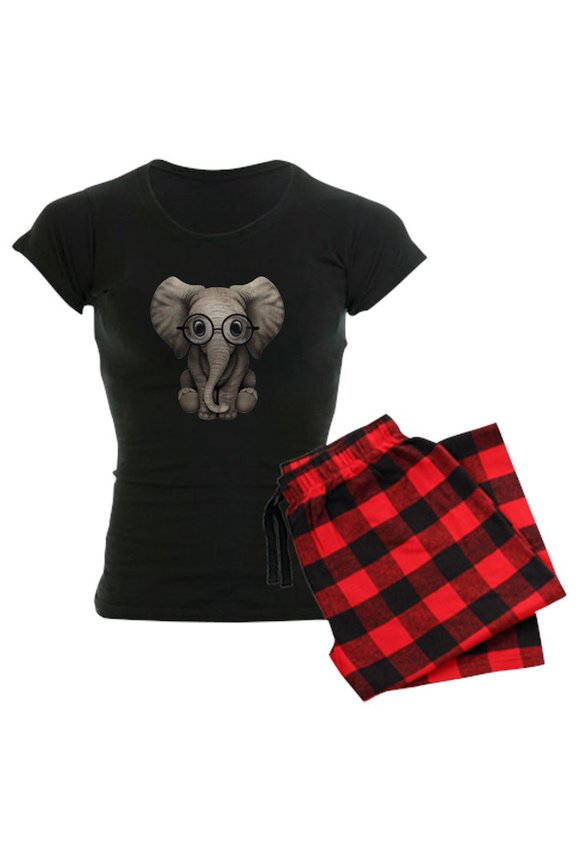 - Cute Baby Elephant Calf With Reading Glasses Pajam - Women's Dark Pajamas