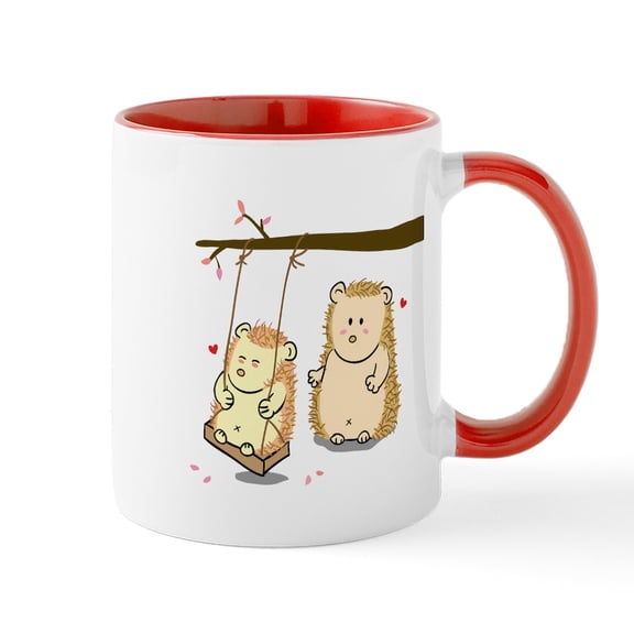 CafePress - Cute Cartoon Hedgehog Couple At Tree Swing Mug - 11 oz Ceramic Mug - Novelty Coffee Tea Cup