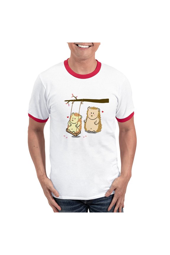 - Cute Cartoon Hedgehog Couple At Tree Swing Ringer - 100% Cotton Ringed T-Shirt