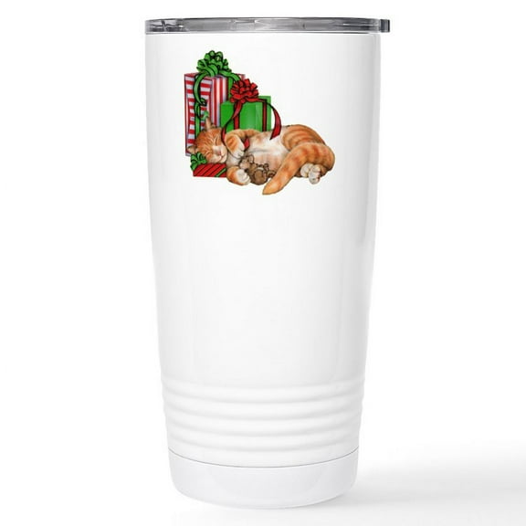 CafePress - Cute Cat, Mouse And Christmas Presents Mugs - Insulated Stainless Steel Travel Tumbler 20 oz.