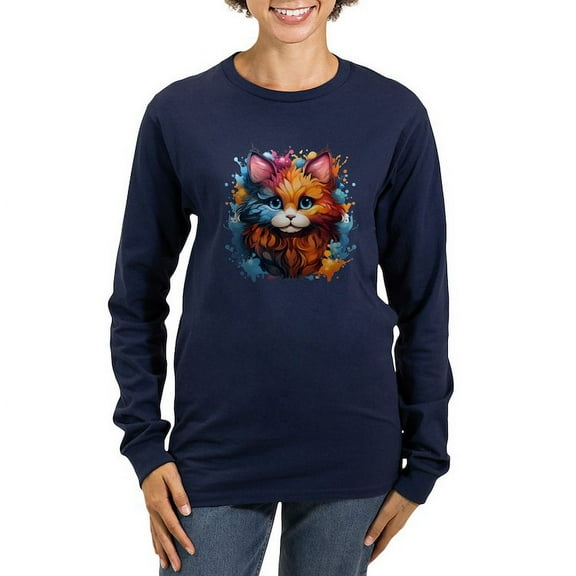CafePress - Cute Cat Watercolor Long Sleeve T Shirt - Women's Long Sleeve Graphic Tee Casual Fit