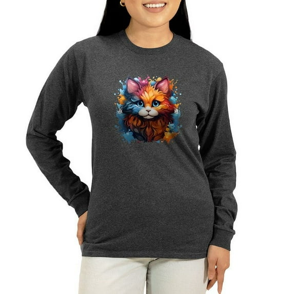 CafePress - Cute Cat Watercolor Long Sleeve T Shirt - Women's Long Sleeve Graphic Tee Casual Fit