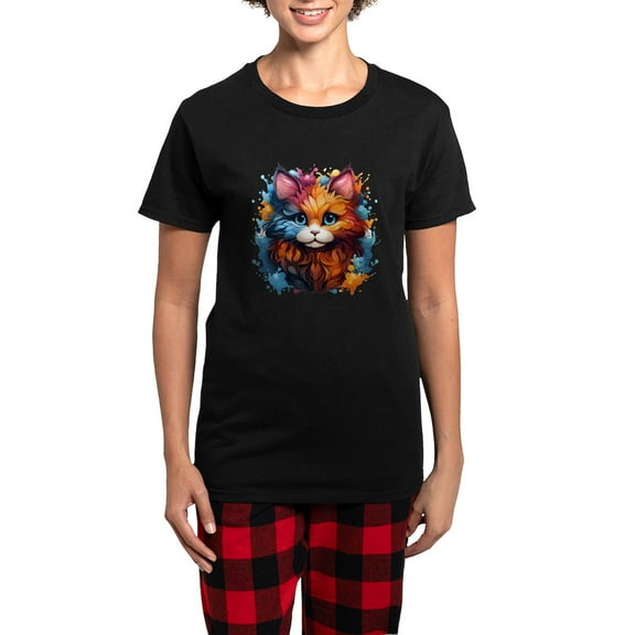 CafePress - Cute Cat Watercolor Pajamas - Women's Short Sleeve Print T-Shirt and Pants Dark Cotton Pajama Set