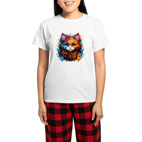 CafePress - Cute Cat Watercolor Pajamas - Women's Short Sleeve Print T-Shirt and Pants Light Cotton Pajama Set