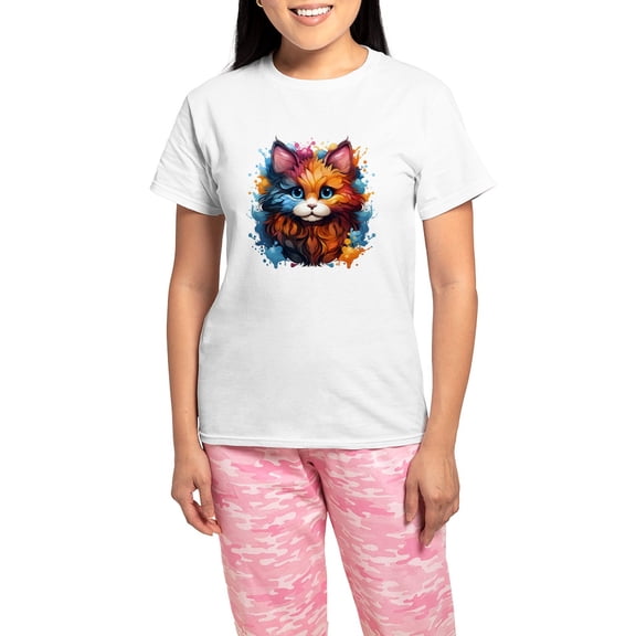 CafePress - Cute Cat Watercolor Pajamas - Women's Short Sleeve Print T-Shirt and Pants Light Cotton Pajama Set
