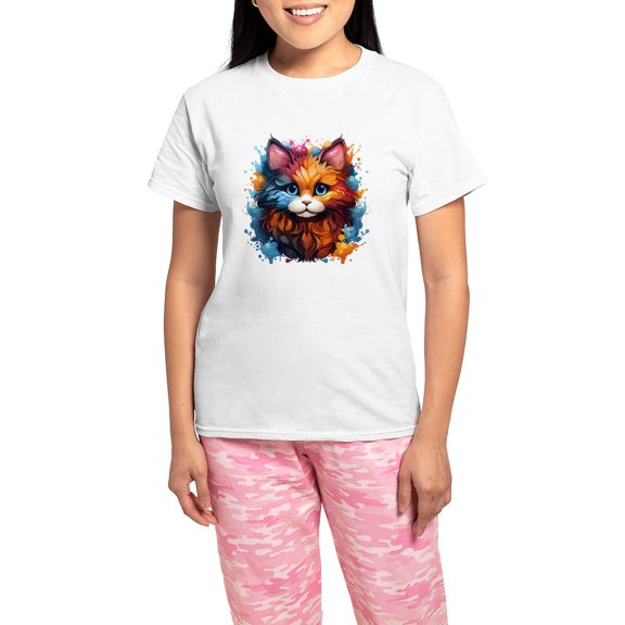 CafePress - Cute Cat Watercolor Pajamas - Women's Short Sleeve Print T-Shirt and Pants Light Cotton Pajama Set