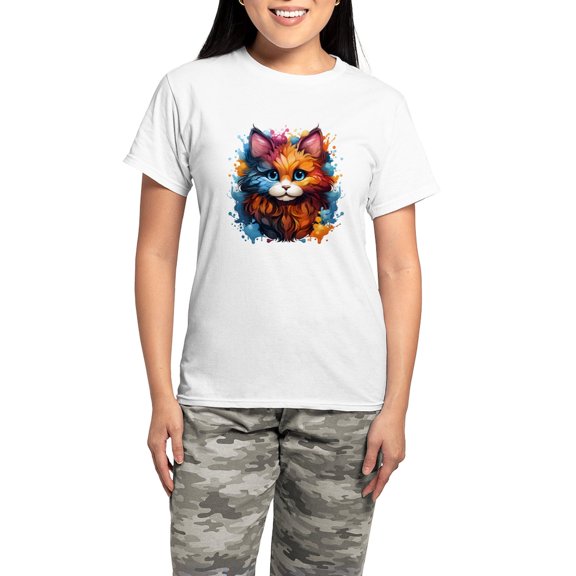 CafePress - Cute Cat Watercolor Pajamas - Women's Short Sleeve Print T-Shirt and Pants Light Cotton Pajama Set