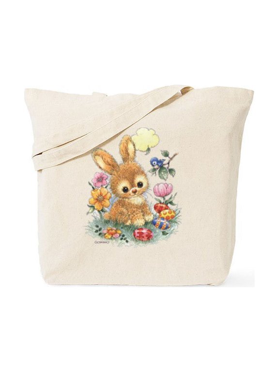 - Cute Easter Bunny With Flowers And Eggs Tote Bag - Unisex Canvas Tote Bag, Beige, 1-Piece