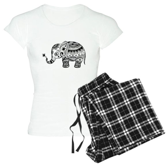 CafePress - Cute Floral Elephant In Bla Women's Light Pajamas - Women's Short Sleeve Print T-Shirt and Pants Light Cotton Pajama Set
