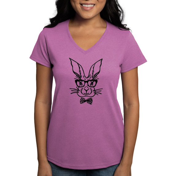 CafePress - Cute Hipster Easter Bunny T Shirt - Women's V-Neck Dark T-Shirt