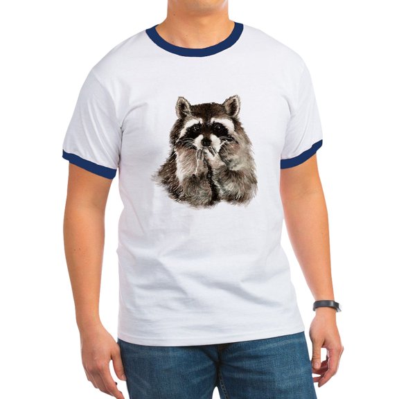 CafePress - Cute Humorous Watercolor Raccoon Blowing A Kiss T - 100% Cotton Ringed T-Shirt