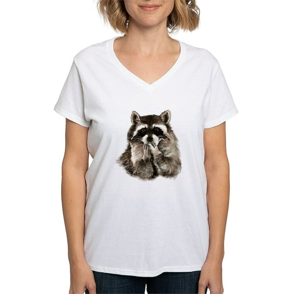 CafePress - Cute Humorous Watercolor Raccoon Blowing A Kiss T - Womens Cotton V-Neck T-shirt