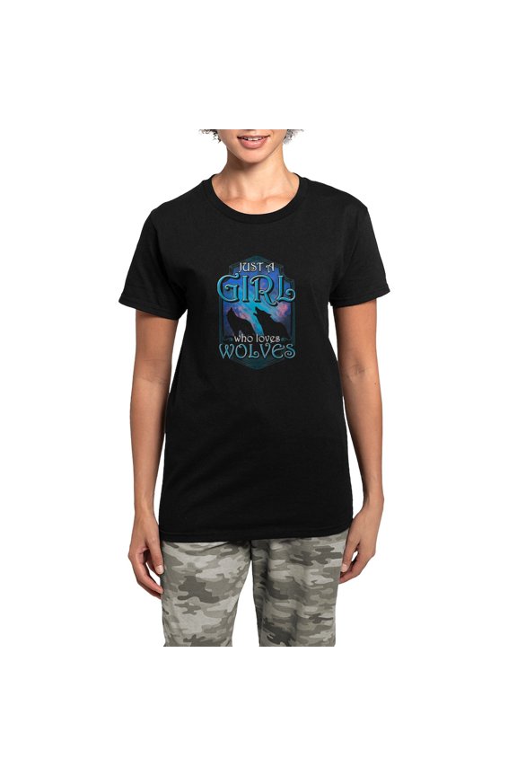 - Cute Just A Girl Who Loves Wolves Lone Wol Pajamas - Women's Short Sleeve Print T-Shirt and Pants Dark Cotton Pajama Set