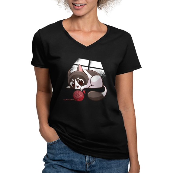 CafePress - Cute Kawaii Cat T Shirt - Women's V-Neck Dark T-Shirt