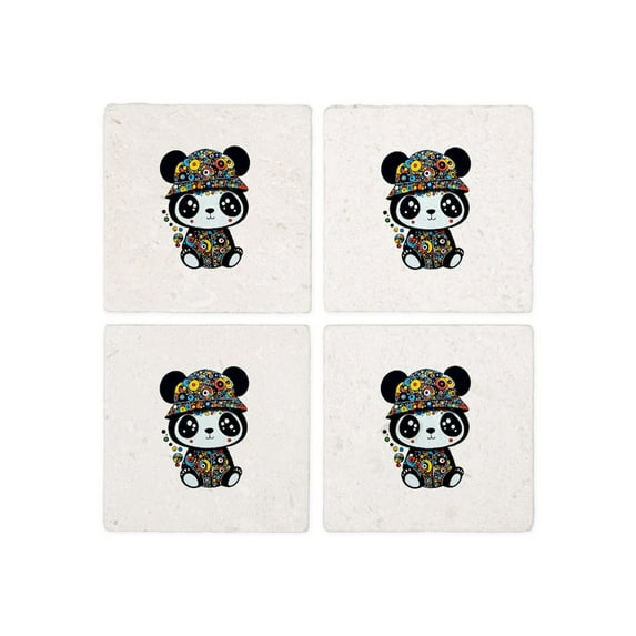 CafePress - Cute Little Panda In Colourful Dottie Hat - Tile Coaster, Drink Coaster Set of 4