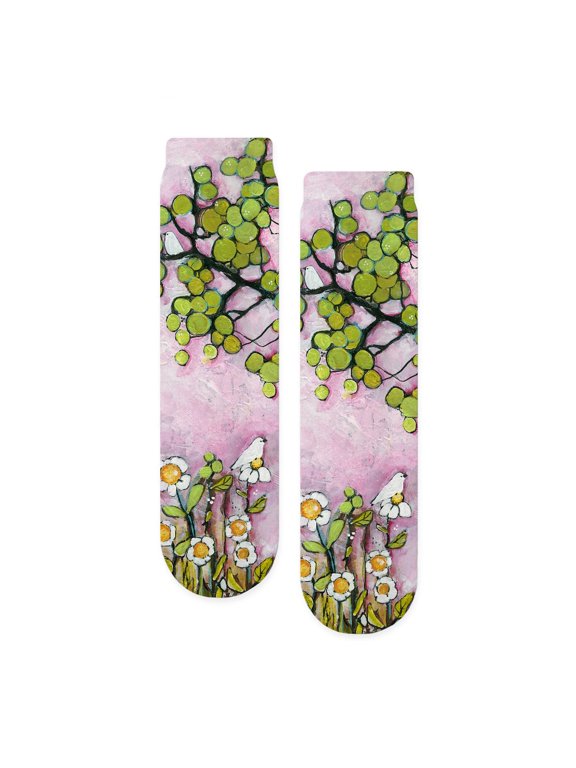 - Cute Pink Tree With Birds - Unisex Novelty Printed Crew Adult Socks