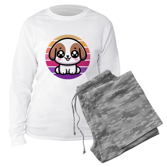 CafePress - Cute Puppy Dog Retro Sunset - Women's Long Sleeve Relaxed Fit Cotton Light Pajama Set