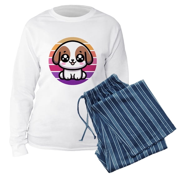 CafePress - Cute Puppy Dog Retro Sunset - Women's Long Sleeve Relaxed Fit Cotton Light Pajama Set