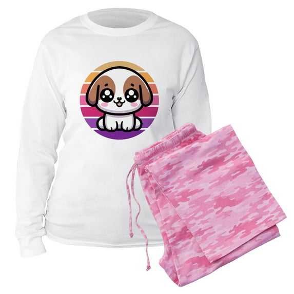 CafePress - Cute Puppy Dog Retro Sunset - Women's Long Sleeve Relaxed Fit Cotton Light Pajama Set