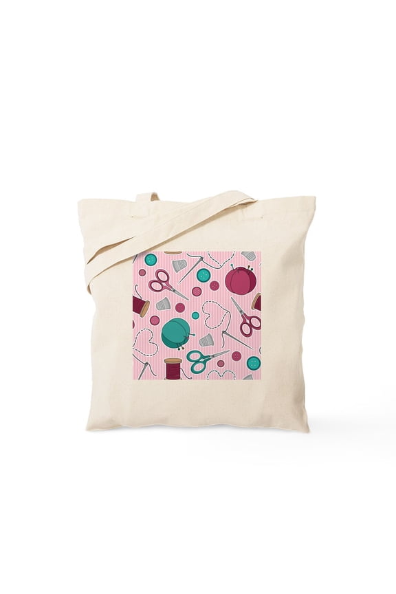 - Cute Sewing Themed Pattern Pink Tote Bag - Natural Canvas Tote Bag, Cloth Shopping Bag
