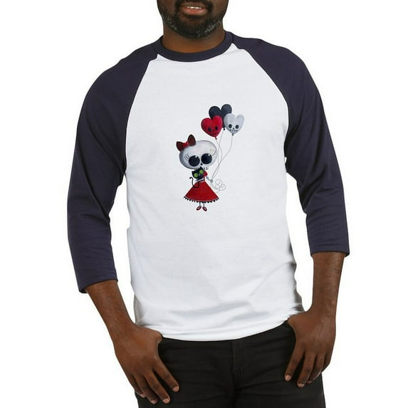CafePress - Cute Skeleton Girl With Spooky Balloons Baseball J - Cotton Baseball Jersey, 3/4 Raglan Sleeve Shirt