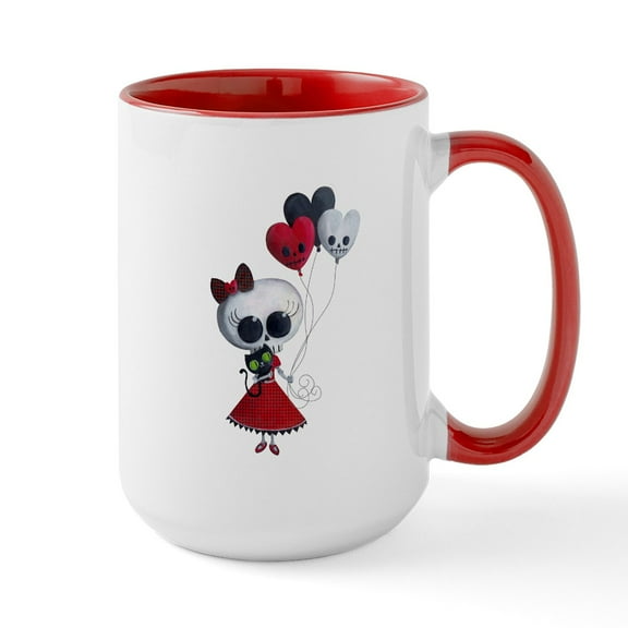 CafePress - Cute Skeleton Girl With Spooky Balloons Mugs - 15 oz Ceramic Large White Novelty Mug