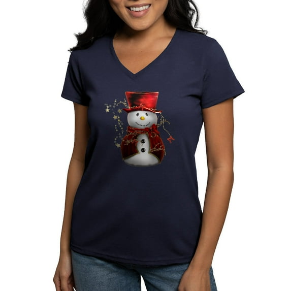 CafePress - Cute Snowman In Red Velvet Women's V Neck Dark T S - Women's V-Neck Dark T-Shirt