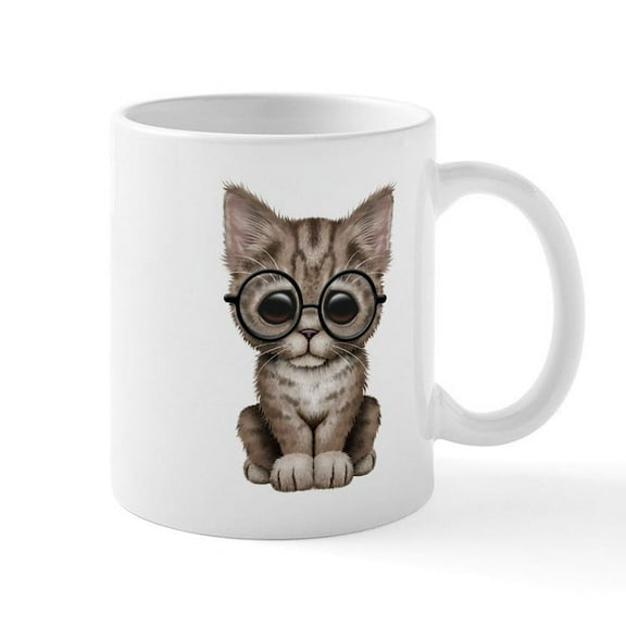 CafePress - Cute Tabby Kitten With Eye Glasses Mugs - 11 oz Ceramic Mug - Novelty Coffee Tea Cup