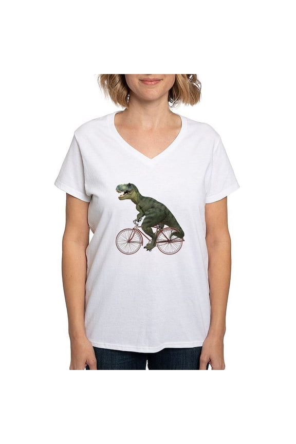 - Cycling Tyrannosaurus Rex Women's V Neck T Shirt - Womens Cotton V-Neck T-shirt