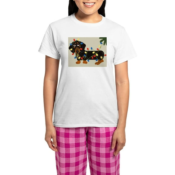 CafePress - Dachshund (Blk/Tan) Tangled In Christmas Lights Wo - Women's Short Sleeve Print T-Shirt and Pants Light Cotton Pajama Set