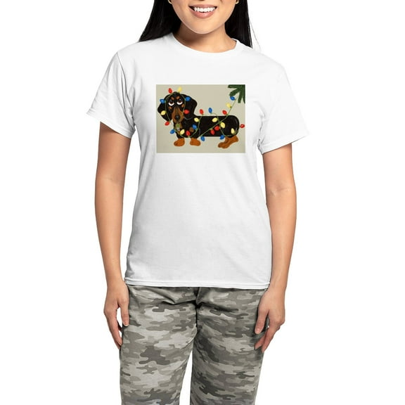 CafePress - Dachshund (Blk/Tan) Tangled In Christmas Lights Wo - Women's Short Sleeve Print T-Shirt and Pants Light Cotton Pajama Set