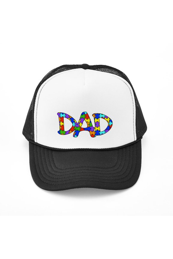 - Dad Autism Awareness - Trucker Hat - Polyester Foam Front and Nylon Mesh Weave Back