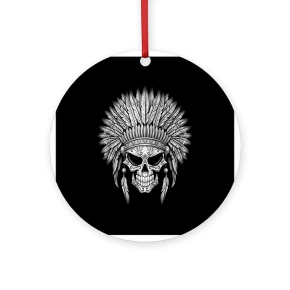 CafePress - Dark Native Sugar Skull With Headdress Ornament (R - Round Wood Ornament 4"