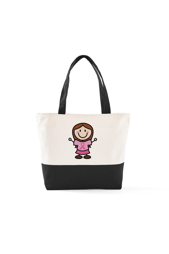 - David Stick Girl W Pink Ribbon - Two Tone, 100% Cotton, Zipper Tote Bag