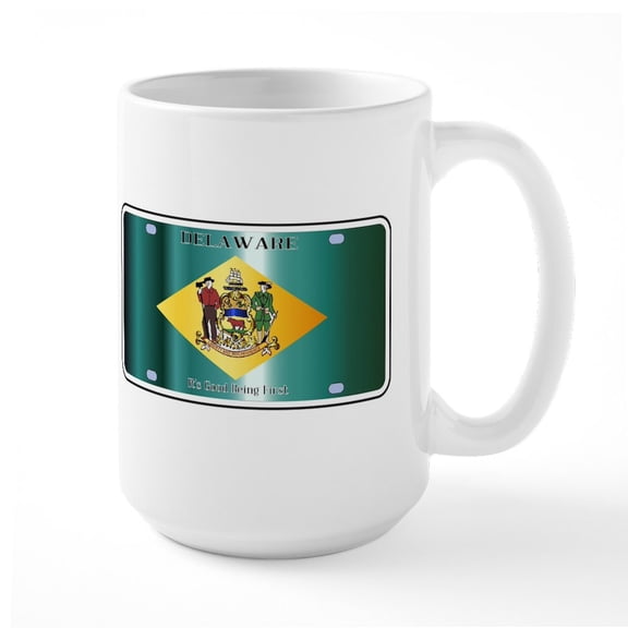CafePress - Delaware State License Plate Flag Mugs - 15 oz Ceramic Large White Novelty Mug