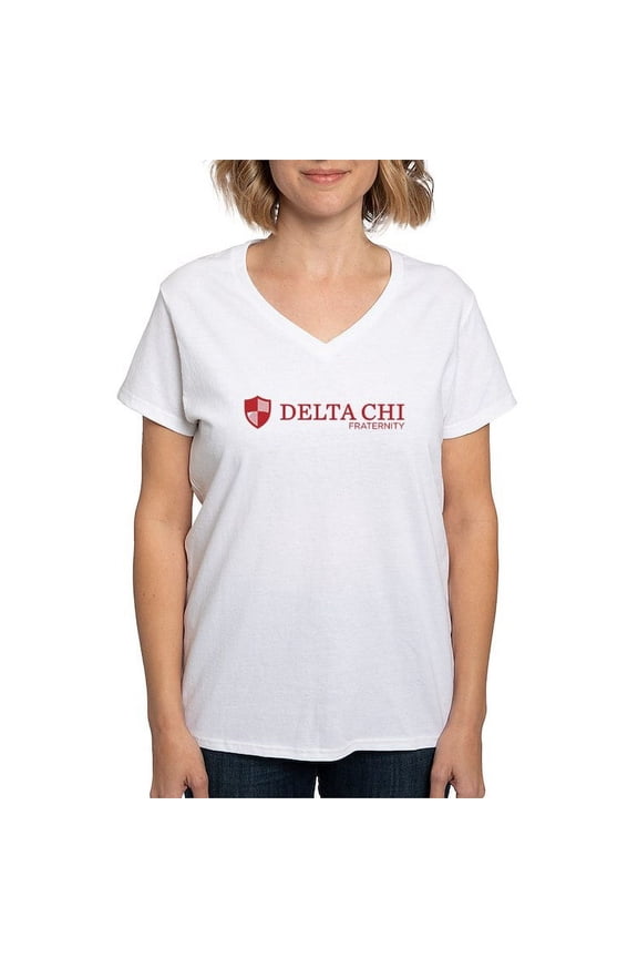 - Delta Chi Logo Red T Shirt - Womens Cotton V-Neck T-shirt
